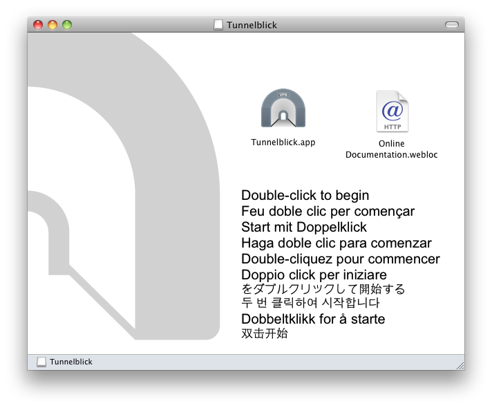 Finder window showing a Tunnelblick icon labeled 'Tunnelblick' and a document icon labeled 'Online Documentation'