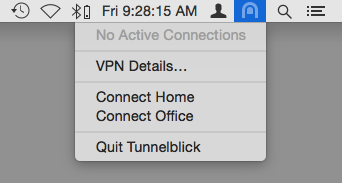 menu popped down from the Tunnelblick icon in the menu bar showing the following items: 'no active connections', 'vpn details', 'connect home', 'connect office', 'quit Tunnelblick'