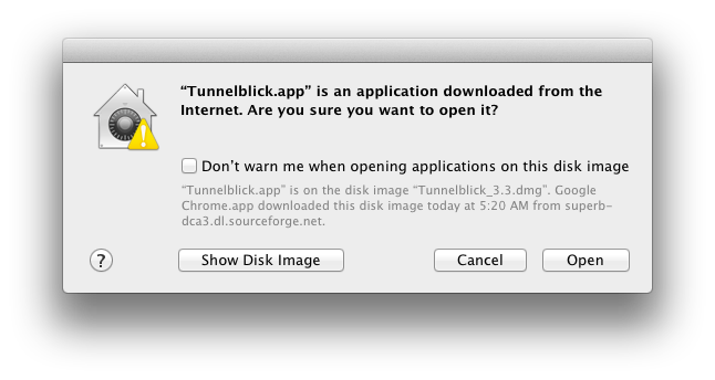 window with text 'Tunnelblick is an application downloaded from the Internet. Are you sure you want to open it?' with three buttons labeled 'Show Disk Image', 'Cancel', and 'Open'